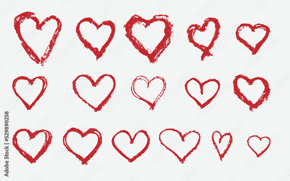 Set of red vector wax crayon love heart shape isolated on white background, Vector hand painting brush texture design elements Set of red vector wax crayon love heart shape isolated on white background, Vector hand painting brush texture design elements