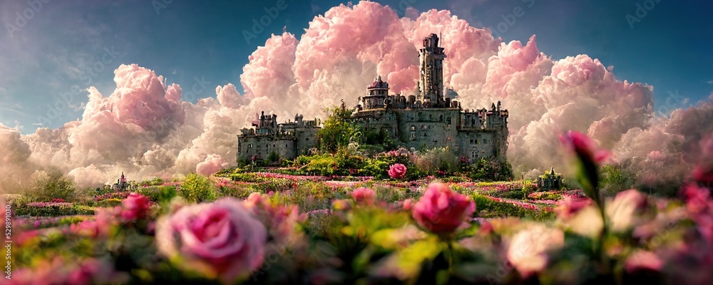 Fototapeta premium Fantasy garden castle with many flowers, roses and clouds illustration. Generative AI