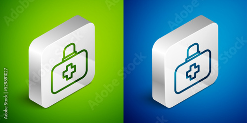 Isometric line First aid kit icon isolated on green and blue background. Medical box with cross. Medical equipment for emergency. Healthcare concept. Silver square button. Vector