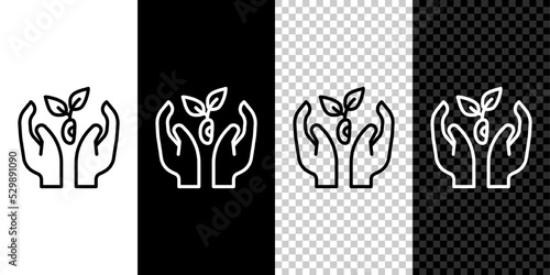 Set line Plant in hand of environmental protection icon isolated on black and white, transparent background. Seed and seedling. Planting sapling. Ecology concept. Vector
