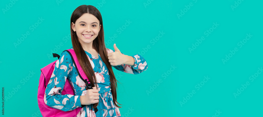 thumb up. knowledge day. concept of education. beautiful kid with long hair. Horizontal isolated poster of school girl student. Banner header portrait of schoolgirl copy space. thumb up. knowledge day. concept of education. beautiful kid with long hair. Horizontal isolated poster of school girl student. Banner header portrait of schoolgirl copy space.