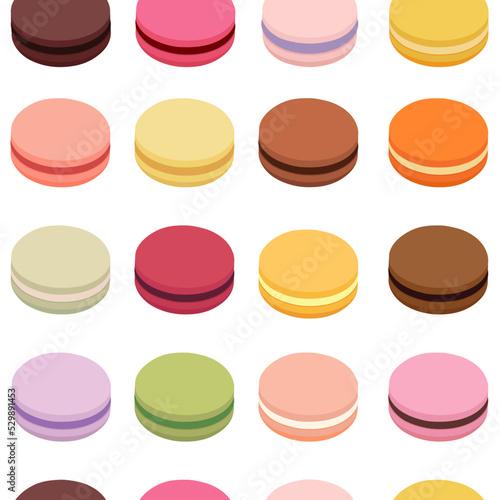 Colorful macarons seamless pattern. Sweet french macaroons isolated on white background. Vector illustration in flat style.