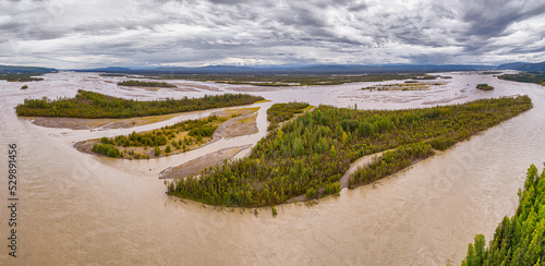 Panoramic view on the Tanana river, Alaska: aerial view on the braiding river with islands and sandbanks photo