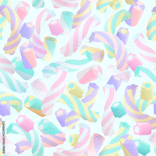 Colorful marshmallows seamless pattern. Sweet sugar candy on light background. Vector illustration in flat style.