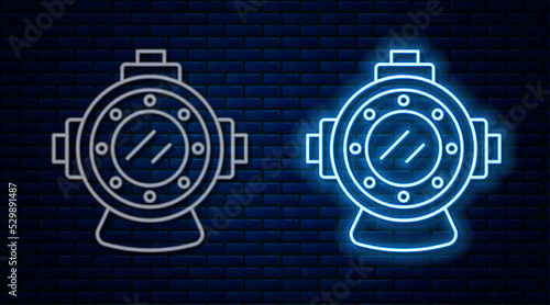 Glowing neon line Aqualung icon isolated on brick wall background. Diving helmet. Diving underwater equipment. Vector