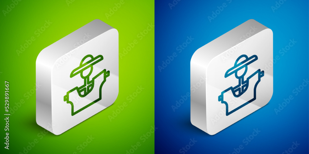 Isometric line Scarecrow icon isolated on green and blue background. Silver square button. Vector Isometric line Scarecrow icon isolated on green and blue background. Silver square button. Vector