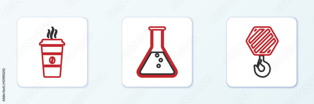 Set line Industrial hook, Coffee cup and Test tube and flask icon. Vector Set line Industrial hook, Coffee cup and Test tube and flask icon. Vector