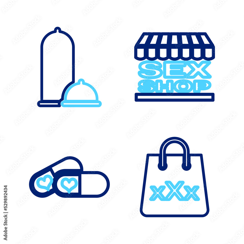 Set line Shopping bag with triple X, Pills for potency, Sex shop building and Condoms safe sex icon. Vector Set line Shopping bag with triple X, Pills for potency, Sex shop building and Condoms safe sex icon. Vector