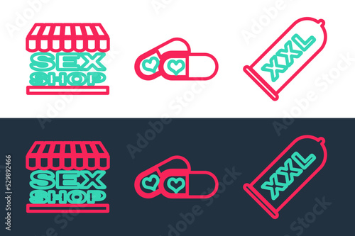 Set line Condom safe sex, Sex shop building and Pills for potency icon. Vector