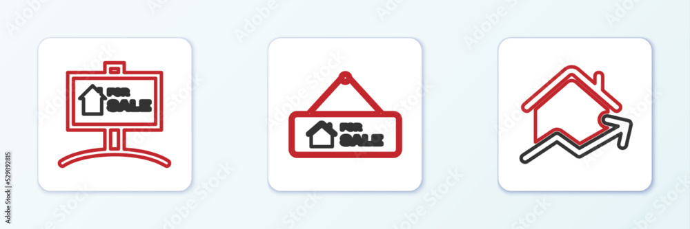 Set line Rising cost of housing, Hanging sign with For Sale and icon. Vector Set line Rising cost of housing, Hanging sign with For Sale and icon. Vector
