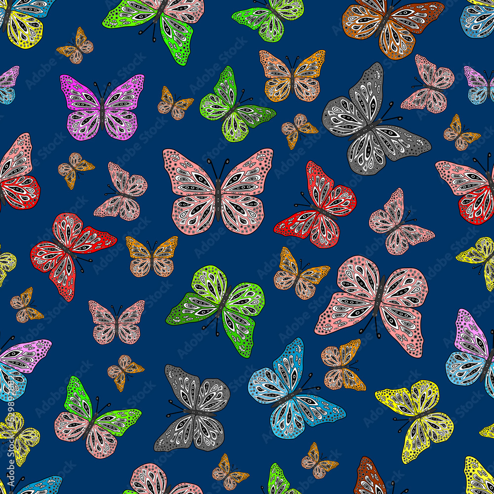 Seamless pattern with interesting doodles on colorfil background. Raster illustration. Seamless pattern with interesting doodles on colorfil background. Raster illustration.