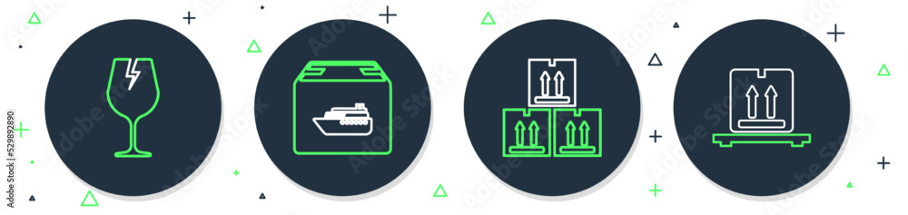 Set line Cargo ship with boxes, Cardboard traffic, Fragile broken glass and on pallet icon. Vector Set line Cargo ship with boxes, Cardboard traffic, Fragile broken glass and on pallet icon. Vector