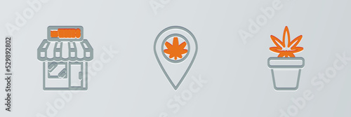 Set line Marijuana plant in pot, and cannabis store and Location marijuana icon. Vector