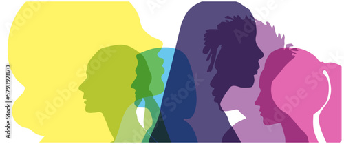 Group side silhouette men and women of different culture	