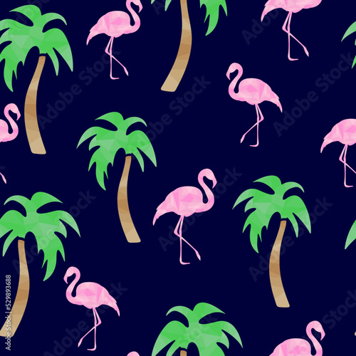 Polygonal flamingo and palm trees seamless pattern. Prints, textile, packaging template, bedding and wallpaper.