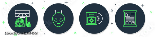 Set line Alien, CD or DVD disk in box, Racing simulator cockpit and Game guide icon. Vector