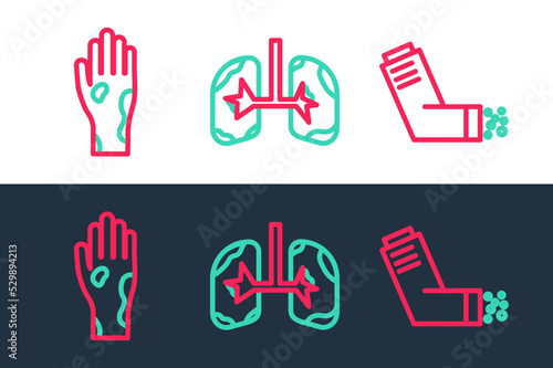 Set line Inhaler, Hand with psoriasis or eczema and Lungs icon. Vector