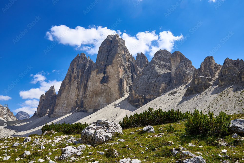 view of the peaks of tre cime di lavaredo, in italy