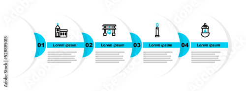 Set line Ramadan Kareem lantern, Burning candle, Japan Gate and Church building icon. Vector