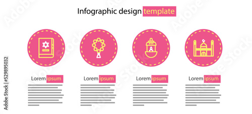 Set line Ramadan Kareem lantern, Muslim Mosque, Rosary beads religion and Jewish torah book icon. Vector