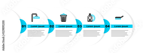 Set line Brush for cleaning, Dishwashing liquid bottle and plate, Trash can and Shower head icon. Vector