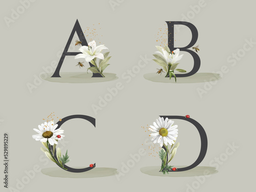 beautiful floral alphabet set with hand drawn flower and leaves