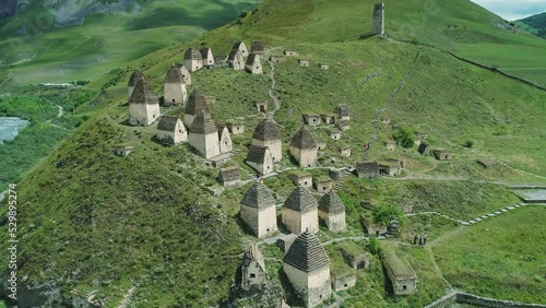 Aerial over an ancient necropolis in village of Dargavs, Republic of North Ossetia, Russia
