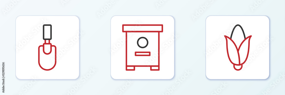 Set line Corn, Garden trowel spade shovel and Hive for bees icon. Vector Set line Corn, Garden trowel spade shovel and Hive for bees icon. Vector