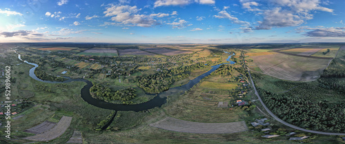 Drone panorama of summer sunset river Ros landscape, Ukraine.