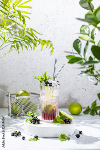 Black Currant Mojito Cocktail. Elegant glass filled with cocktail or mocktails surrounded by ingredients on gray table surface