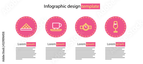 Set line Wrist watch, Wine glass, Coffee cup and Louvre museum icon. Vector