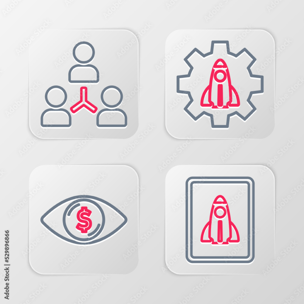 Set line Startup project concept, Eye with dollar, and Project team base icon. Vector Set line Startup project concept, Eye with dollar, and Project team base icon. Vector
