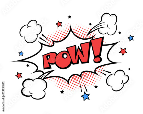 Pow comic speech bubble with cloud, stars, rays and halftone effect background. Pop art vector cartoon illustration in retro style. Design for comic book, poster, banner