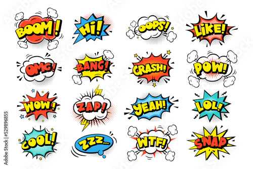 Set of colors comic speech bubbles stickers with text, cloud, stars, halftone on white background. Pop art vector cartoon illustration in retro style. Design for comic book, poster, banner
