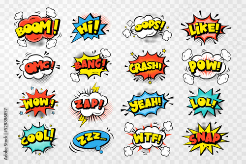Set of colors comic speech bubbles stickers with text, cloud, stars, halftone on transparent background. Pop art vector cartoon illustration in retro style. Design for comic book, poster, banner