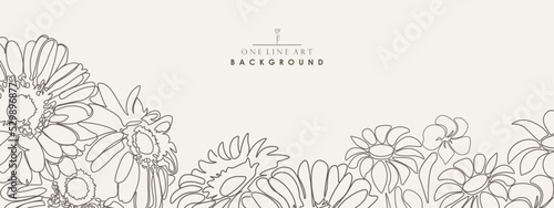 Fototapeta Naklejka Na Ścianę i Meble -  Beautiful floral vector hand drawn background. One line art design. Delicate beige pattern with drawing contour flowers. Vintage ornament cover, banner, card, template, brochure, placard ant etc