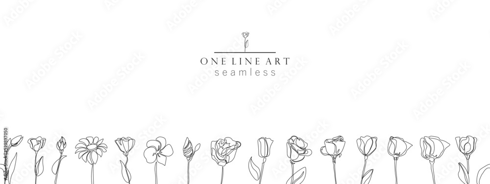 Beautiful floral seamless hand drawn cover. One line art design. Vector black drawing contour flowers isolated on white background. Nature botanical banner, card, template, brochure, placard etc Beautiful floral seamless hand drawn cover. One line art design. Vector black drawing contour flowers isolated on white background. Nature botanical banner, card, template, brochure, placard etc