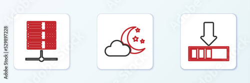 Set line Loading, Server, Data, Web Hosting and Cloud with moon and stars icon. Vector