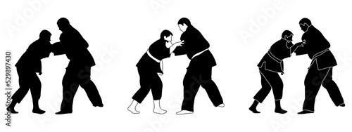 Silhouettes judoist, judoka, fighter in a duel, fight, judo sport, martial art, sport silhouettes pack