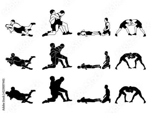 Athlete wrestler in wrestling, duel, fight. A pack of silhouettes Greco Roman, freestyle, classical wrestling.