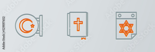 Set line Jewish calendar, Star and crescent and Holy bible book icon. Vector