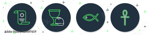 Set line Holy grail or chalice, Christian fish, Torah scroll and Cross ankh icon. Vector