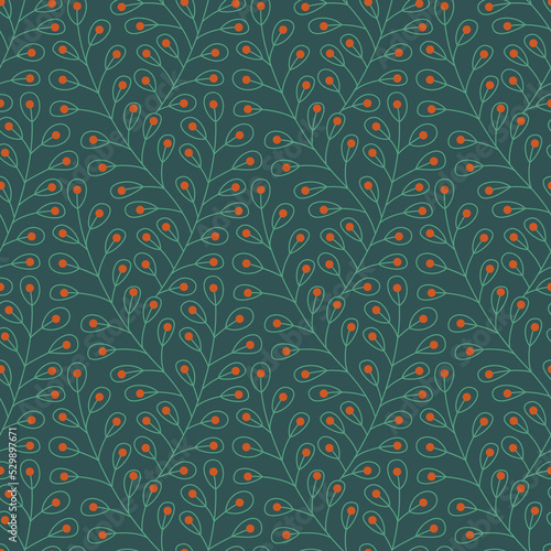 Seamless pattern with green plants and orange dots