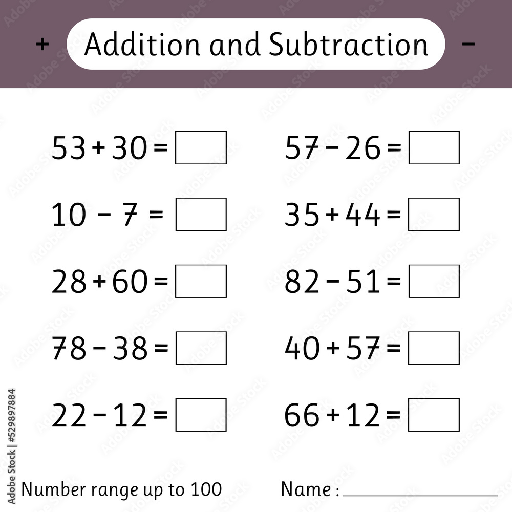 Addition and Subtraction. Number range up to 100. Math worksheet for ...