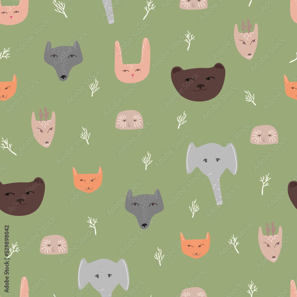 Seamless vector pattern with animal faces in doodle style. Children's pattern for printing on pastel linen and stationery. Seamless vector pattern with animal faces in doodle style. Children's pattern for printing on pastel linen and stationery.
