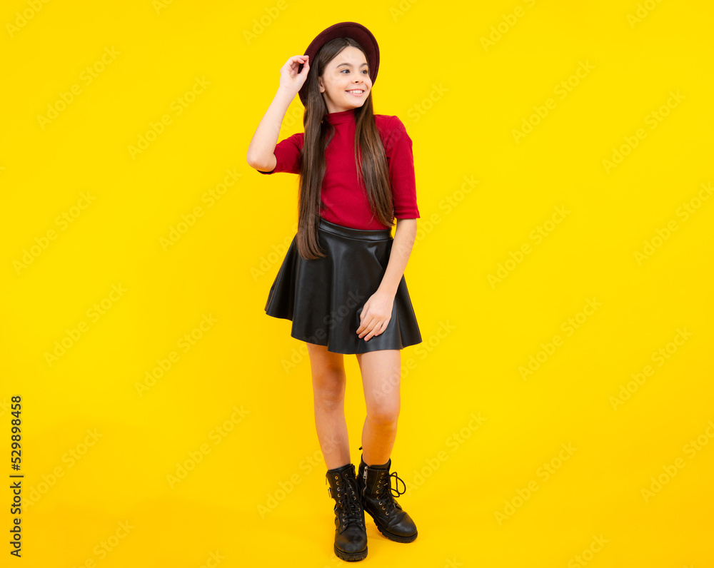Full length photo of brunette teen girl wear casual clothes isolated on yellow background. Happy teenager portrait. Smiling girl. Mock up copy space. Full length photo of brunette teen girl wear casual clothes isolated on yellow background. Happy teenager portrait. Smiling girl. Mock up copy space.