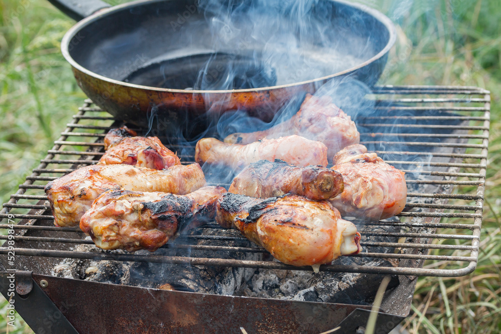 chicken drumsticks on a grill next to a frying pan in a clearing, side view
