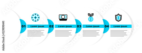Set line Shield with dollar, Dollar plant, Stacks paper money cash and Safe icon. Vector