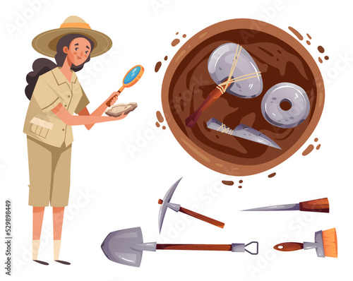 Archeology history science paleontologist ancient fossil excavation set. Graphic design cartoon illustration
