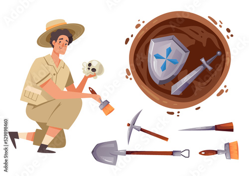 Archeology history science paleontologist ancient fossil excavation set. Graphic design cartoon illustration